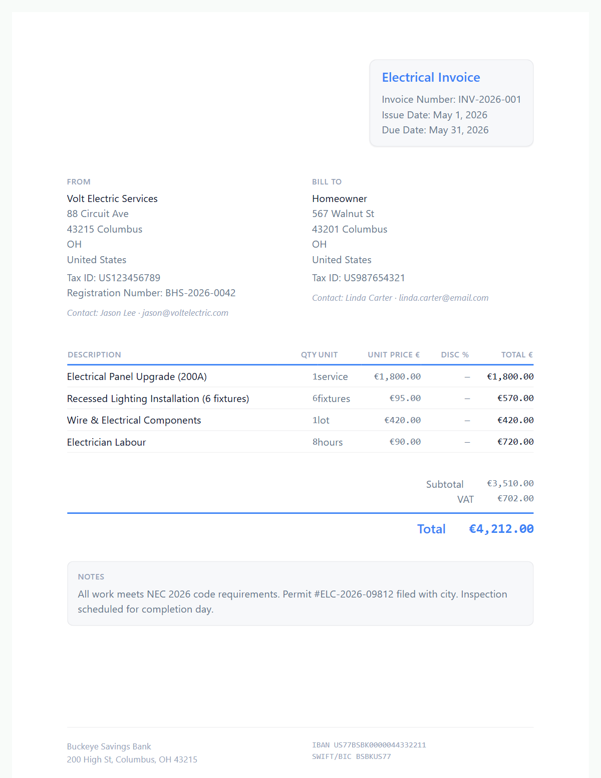 Free Electrical Invoice Template | Blank Invoice Maker