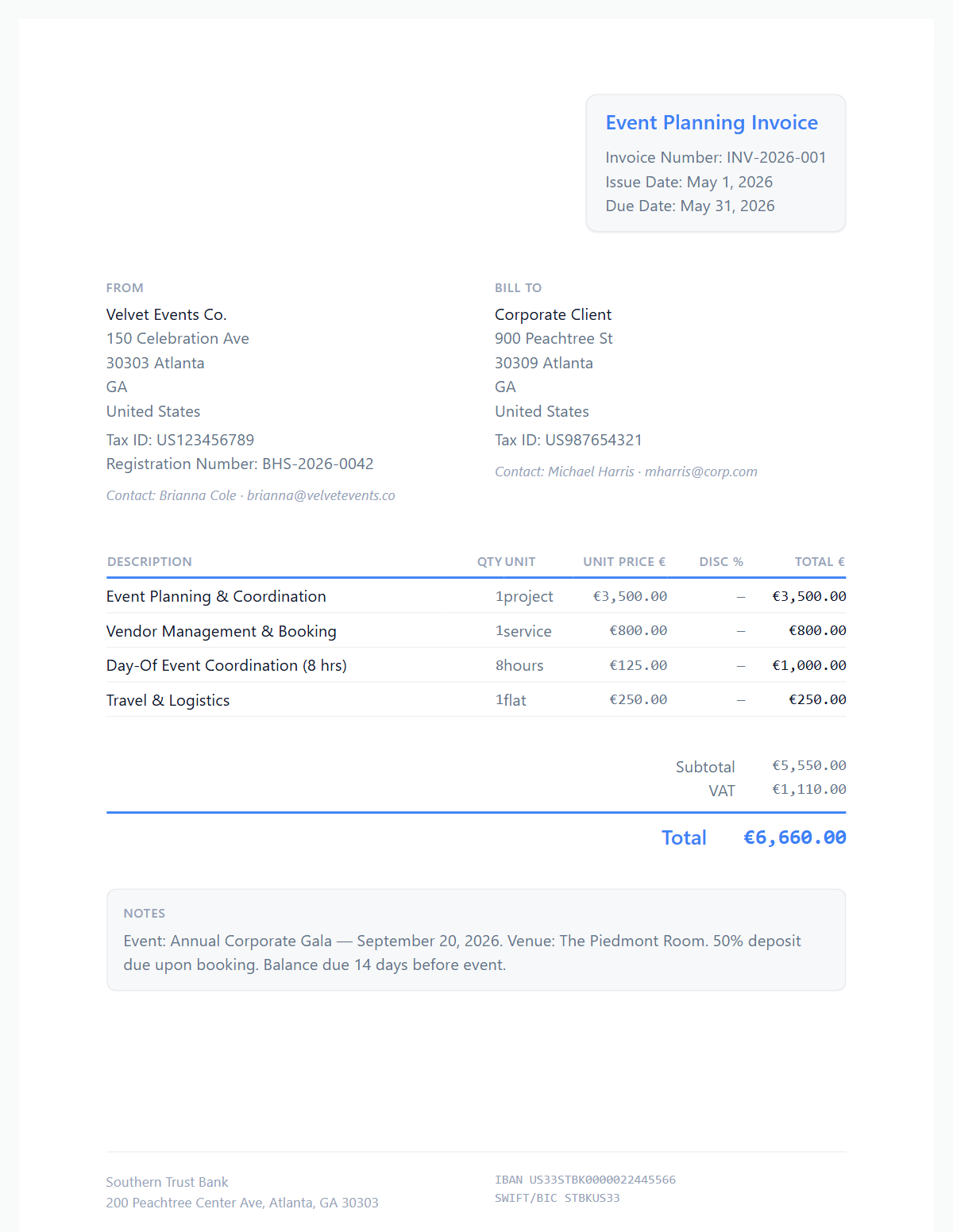 Free Event Planning Invoice Template | Blank Invoice Maker