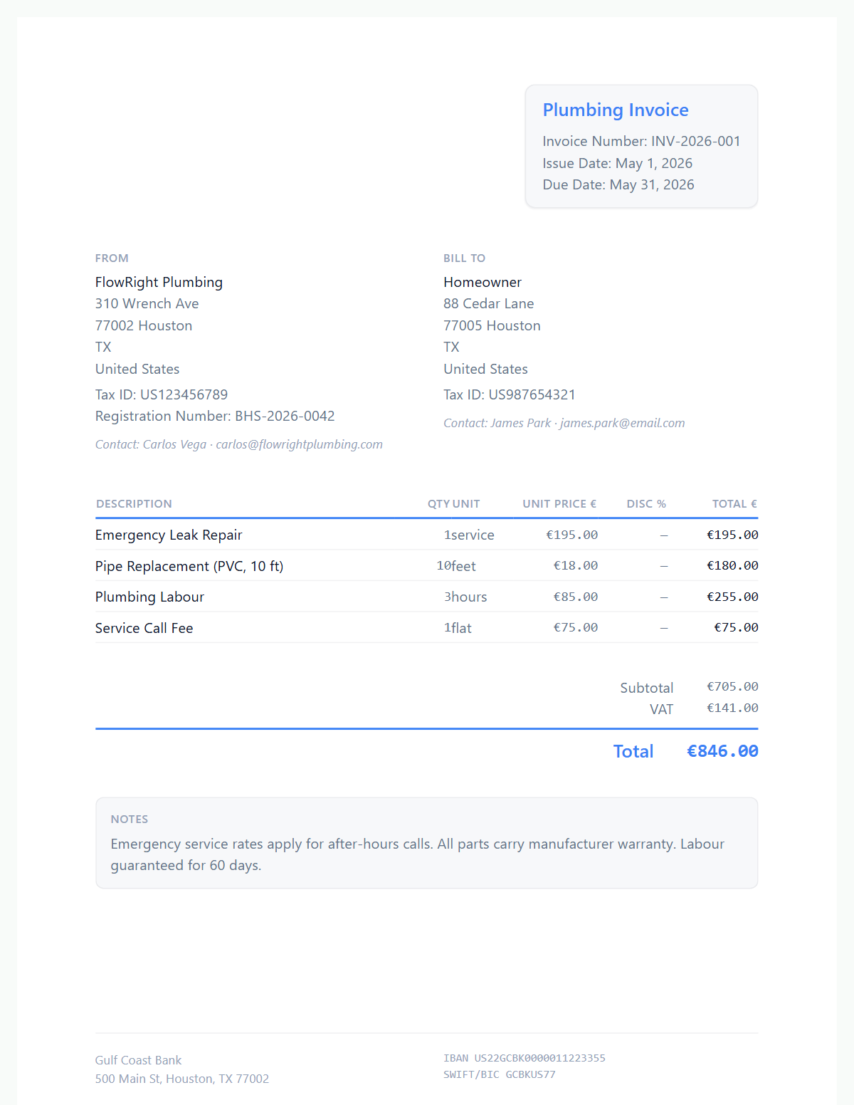 Free Plumbing Invoice Template | Blank Invoice Maker