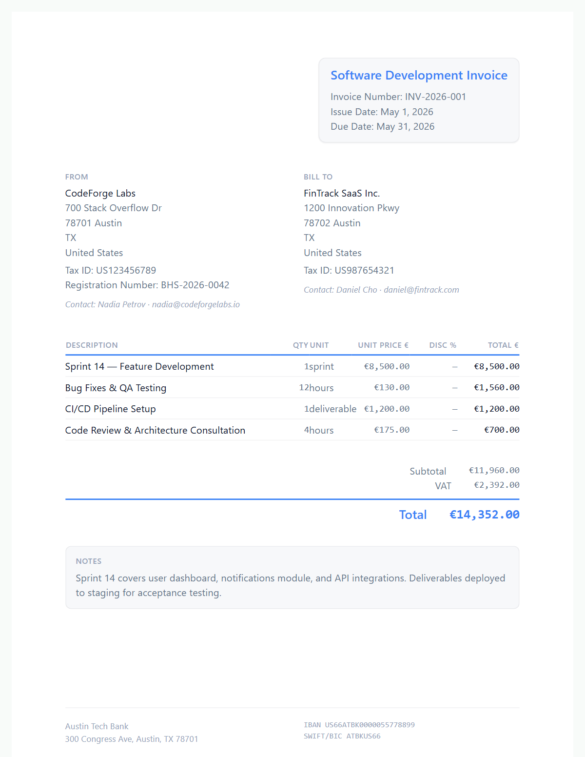 Backend Developer Invoice Free Software Development Invoice Template